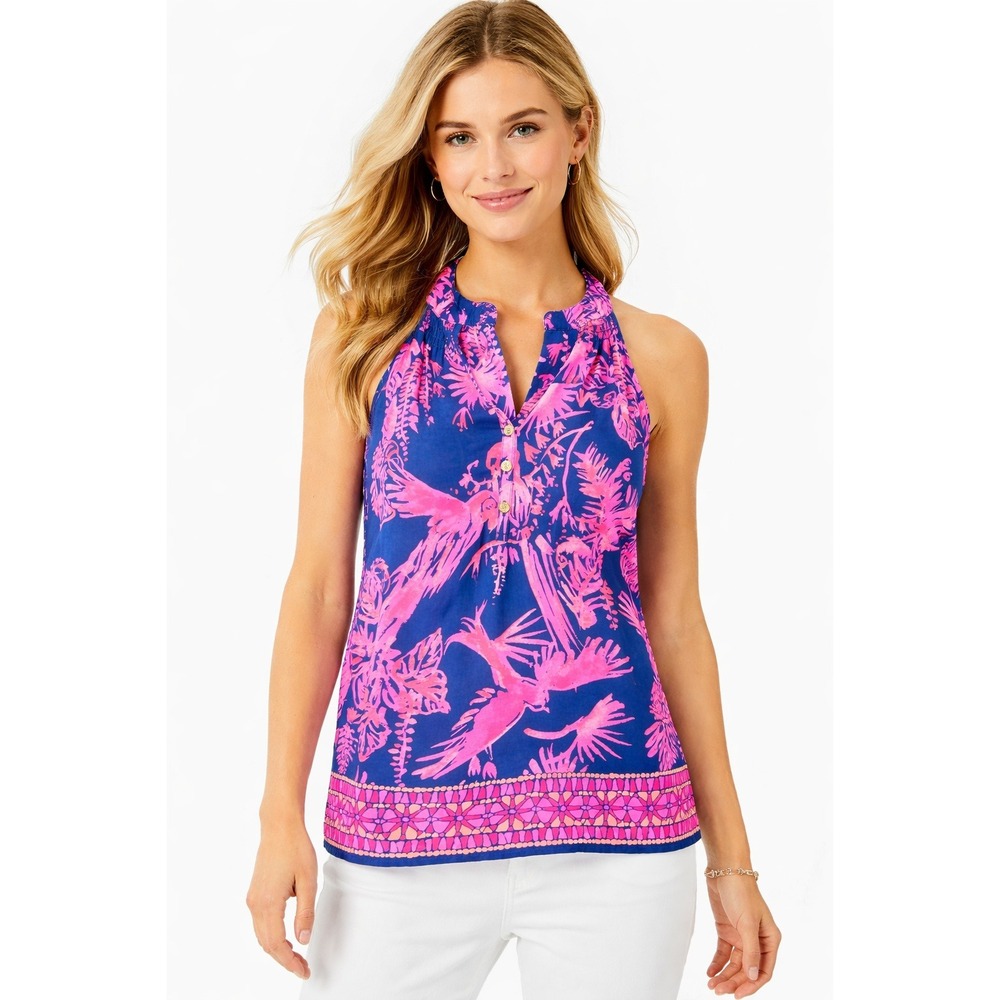 Lilly Pulitzer Night Caw Indigo‎ Pink Bird Silk Bailey Sleeveless Top Small